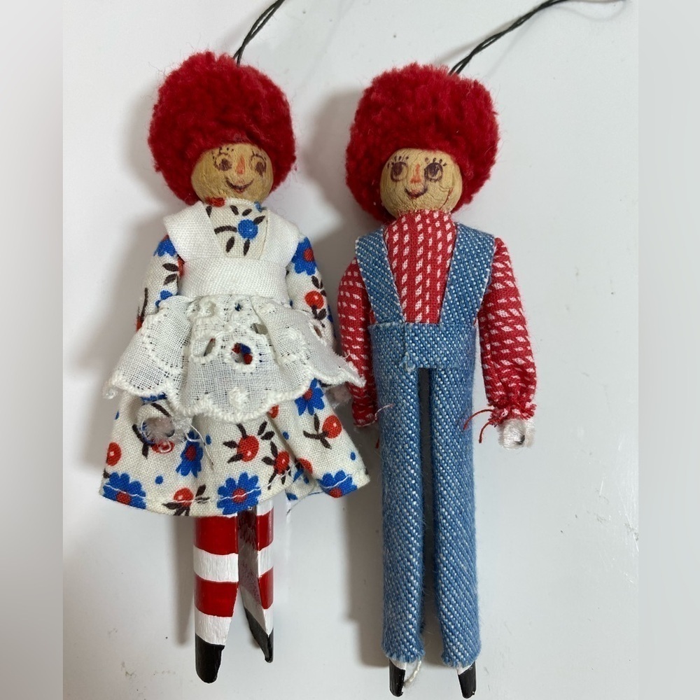 VINTAGE Raggedy Ann & Andy Wood CLOTHESPIN DOLL Christmas Tree Ornaments Art